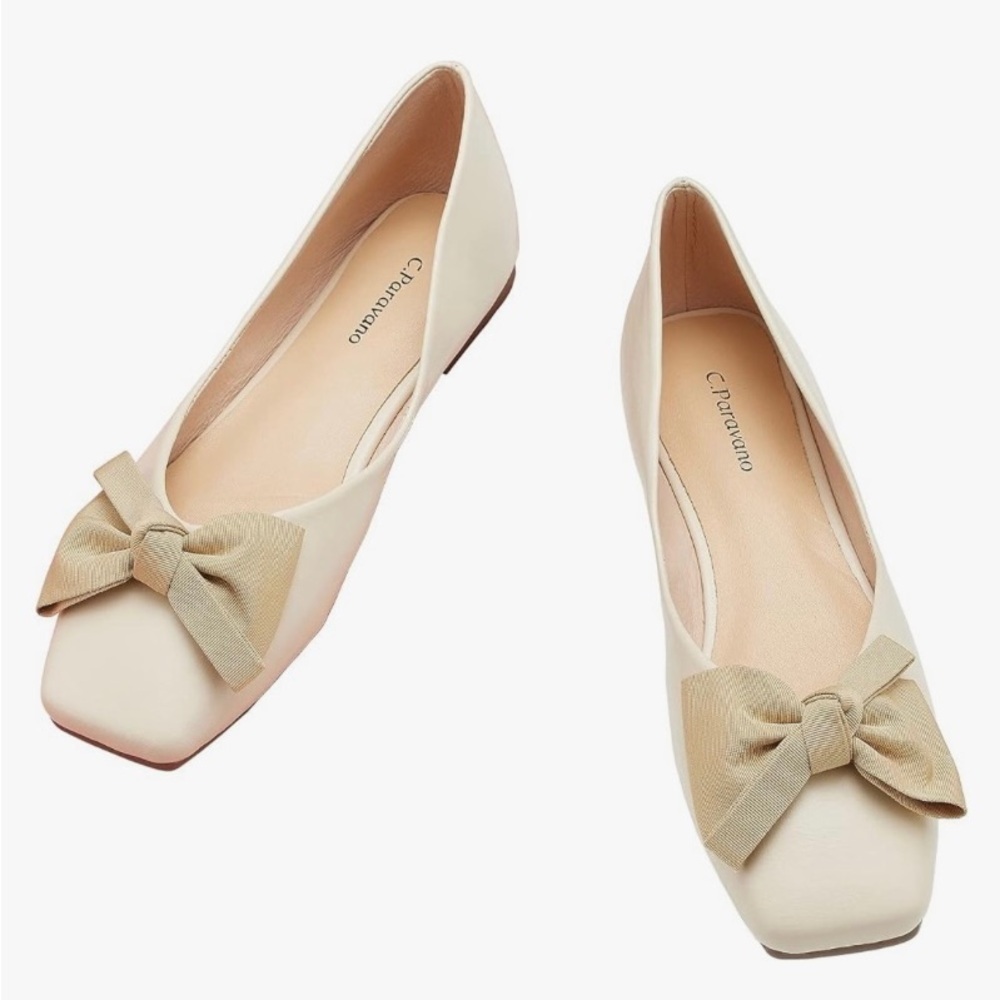 C.Paravano Women's Flats Square Toe Shoes Off White Flat Leather 41